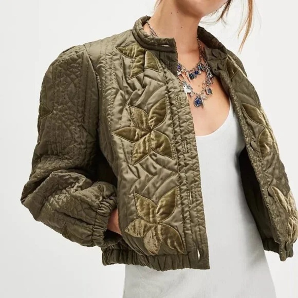 Free People Olive Floral Quilted Bomber Jacket